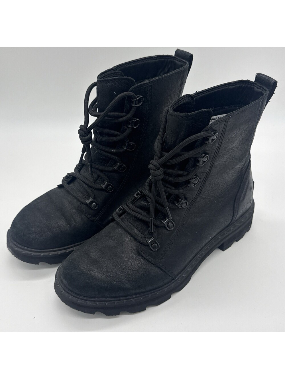 SOREL Lennox Lace Black Leather Waterproof Combat Boots Womens Size 8 NL3700
